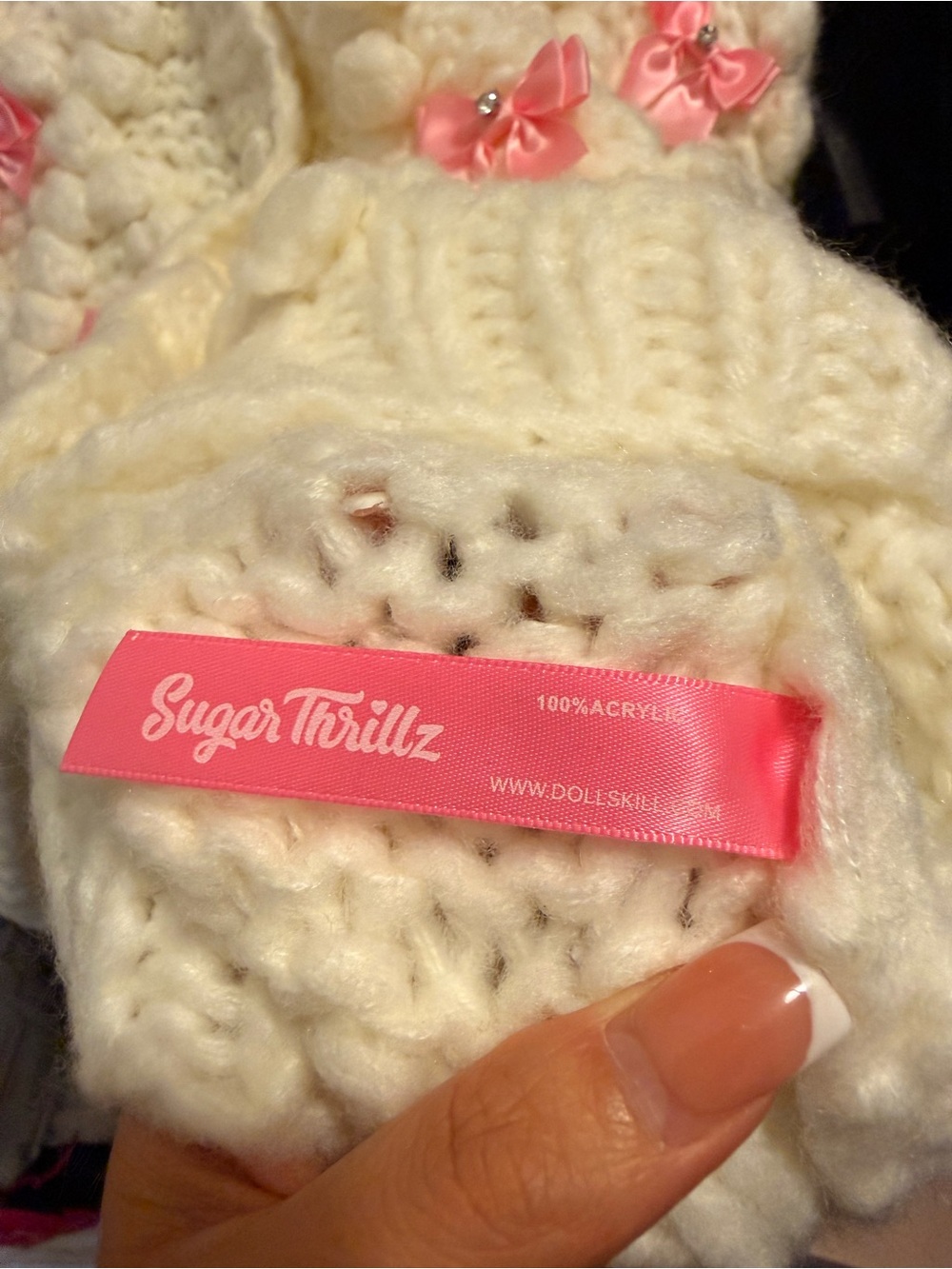 Sugar Thrillz Cream Chunky Knit Cardigan with Pink Ribbon Bows - Picture 4 of 5